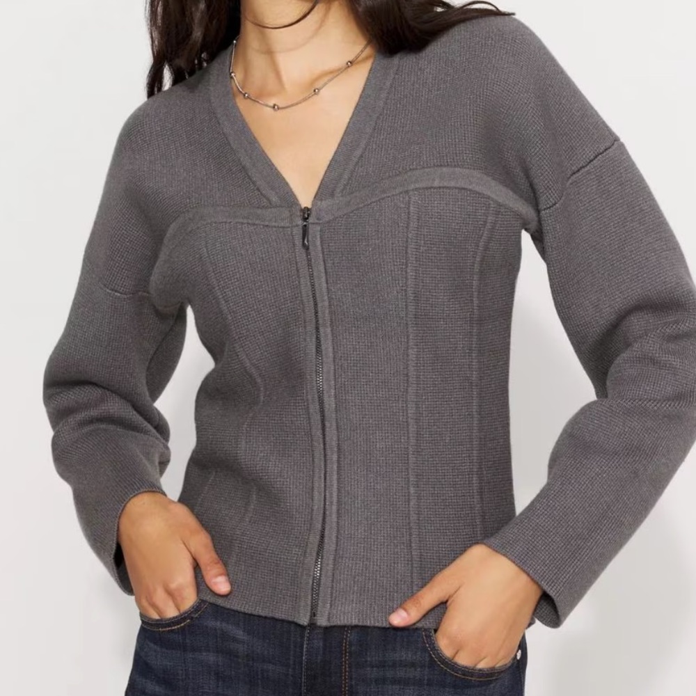 Corset Detail Zip-Up Sweater Jacket heathered anthracite